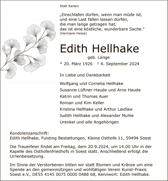 Todesanzeige von Edith Hellhake von WA