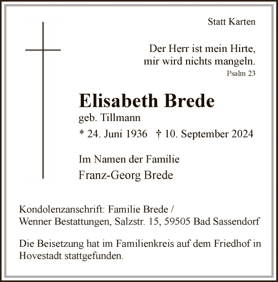Todesanzeige von Elisabeth Brede von WA