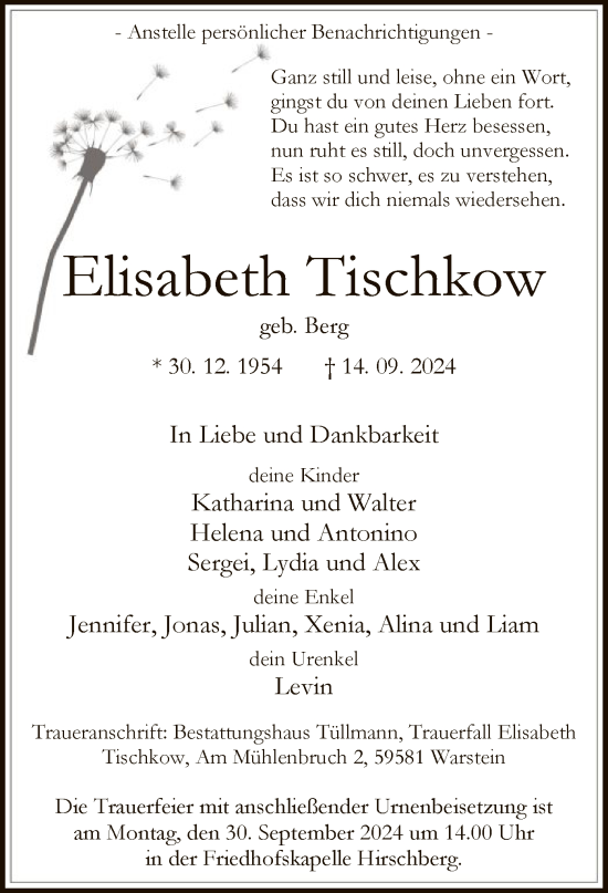 Todesanzeige von Elisabeth Tischkow von WA