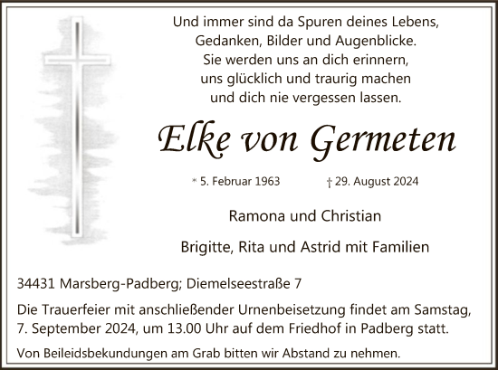 Todesanzeige von Elke von Germeten von WA