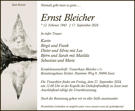 Todesanzeige von Ernst Bleicher von WA