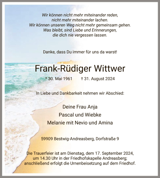 Todesanzeige von Frank-Rüdiger Wittwer von WA