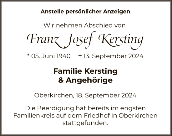 Todesanzeige von Franz Josef Kersting von WA