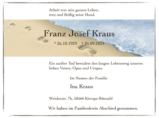 Todesanzeige von Franz Josef Kraus von WA