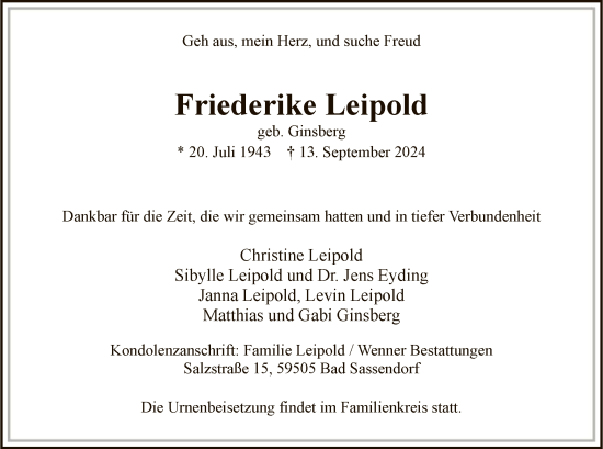 Todesanzeige von Friederike Leipold von WA
