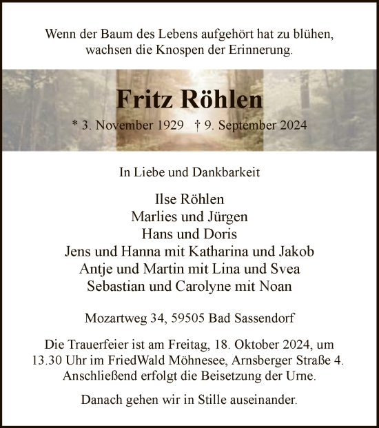 Todesanzeige von Fritz Röhlen von WA