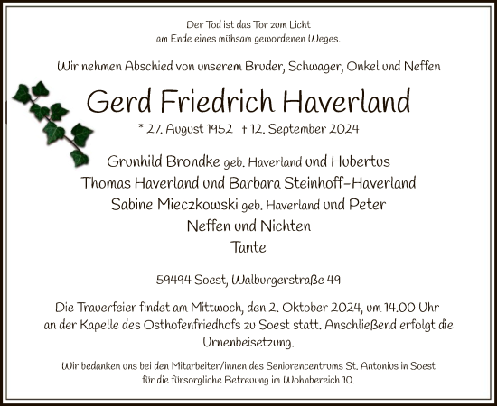 Todesanzeige von Gerd Friedrich Haverland von WA