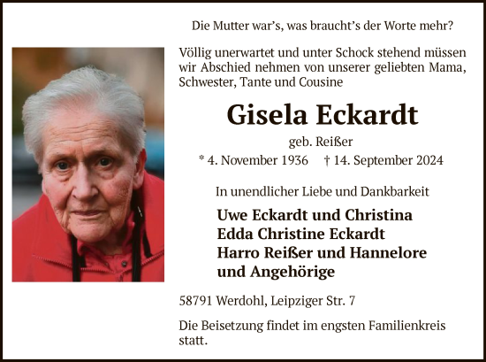 Todesanzeige von Gisela Eckardt von WA