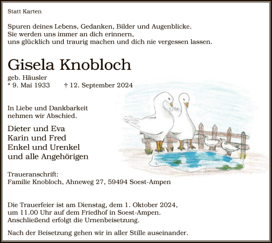 Todesanzeige von Gisela Knobloch von WA