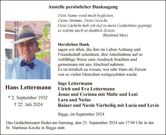 Todesanzeige von Hans Lettermann von WA