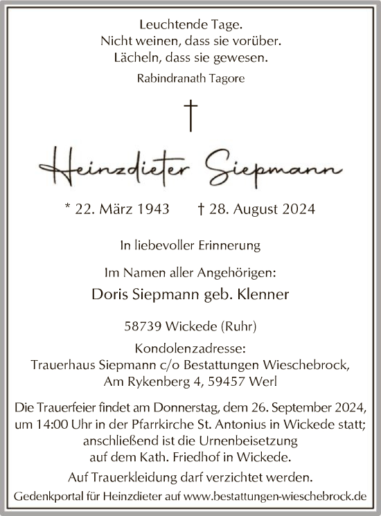 Todesanzeige von Heinzdieter Siepmann von WA