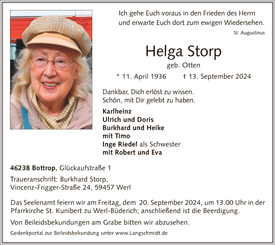 Todesanzeige von Helga Storp von WA