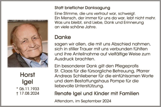Todesanzeige von Horst Igel von WA