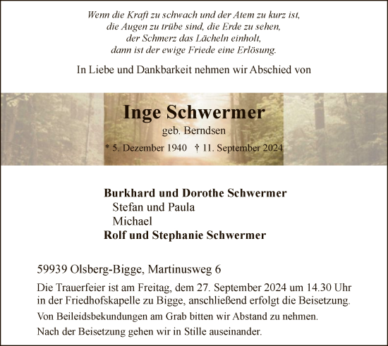 Todesanzeige von Inge Schwermer von WA