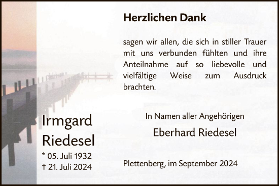 Todesanzeige von Irmgard Riedesel von WA