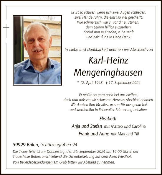 Todesanzeige von Karl-Heinz Mengeringhausen von WA
