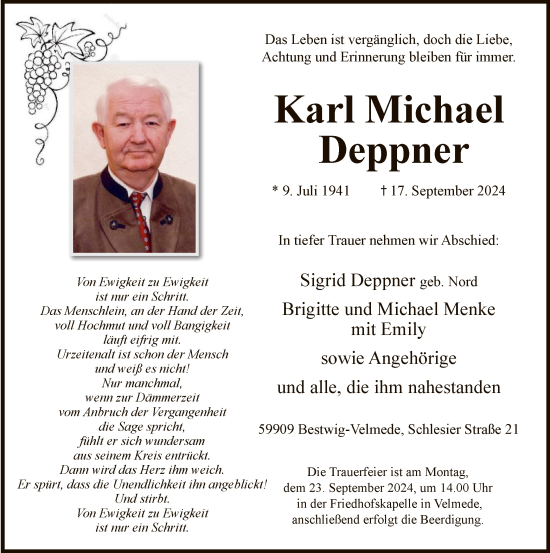Todesanzeige von Karl Michael Deppner von WA