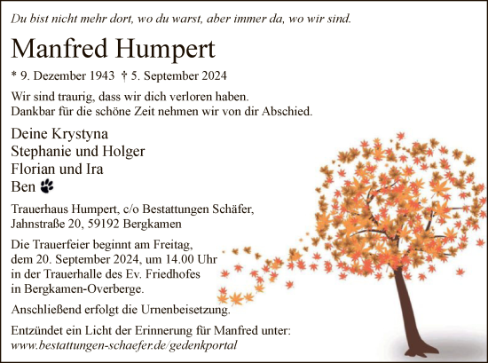Todesanzeige von Manfred Humpert von WA