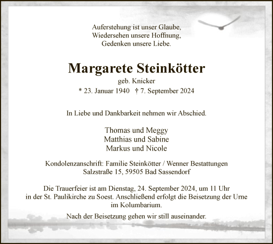 Todesanzeige von Margarete Steinkötter von WA