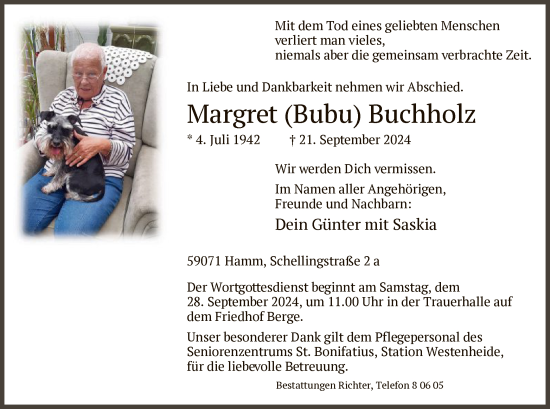Todesanzeige von Margret Buchholz von WA