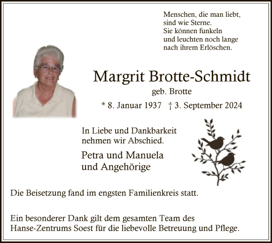 Todesanzeige von Margrit Brotte-Schmidt von WA
