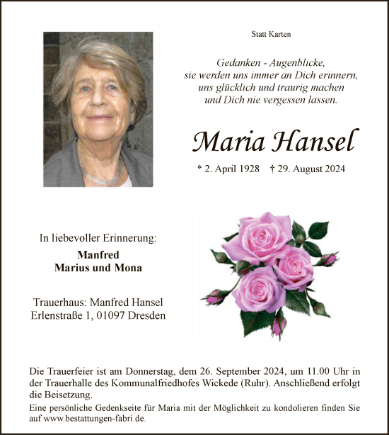 Todesanzeige von Maria Hansel von WA