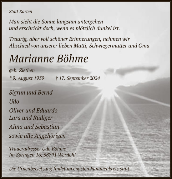 Todesanzeige von Marianne Böhme von WA