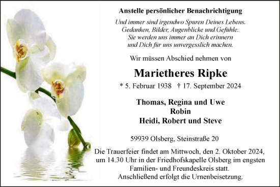 Todesanzeige von Marietheres Ripke von WA