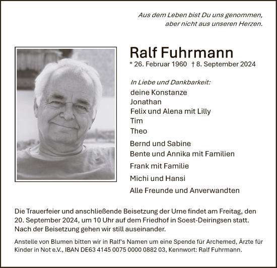 Todesanzeige von Ralf Fuhrmann von WA