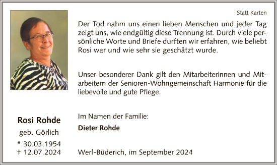 Todesanzeige von Rosi Rohde von WA
