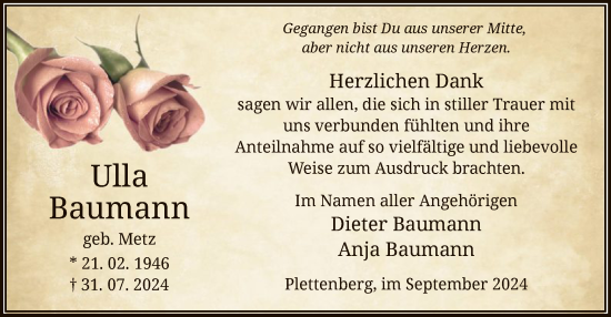 Todesanzeige von Ulla Baumann von WA