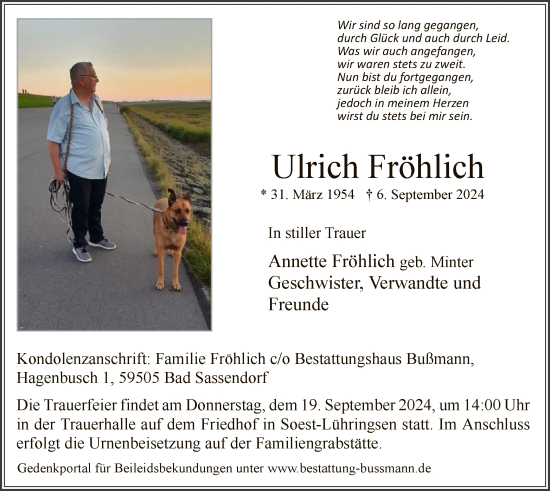 Todesanzeige von Ulrich Fröhlich von WA