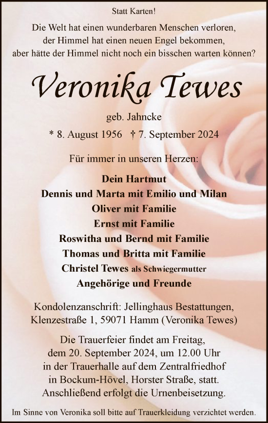 Todesanzeige von Veronika Tewes von WA