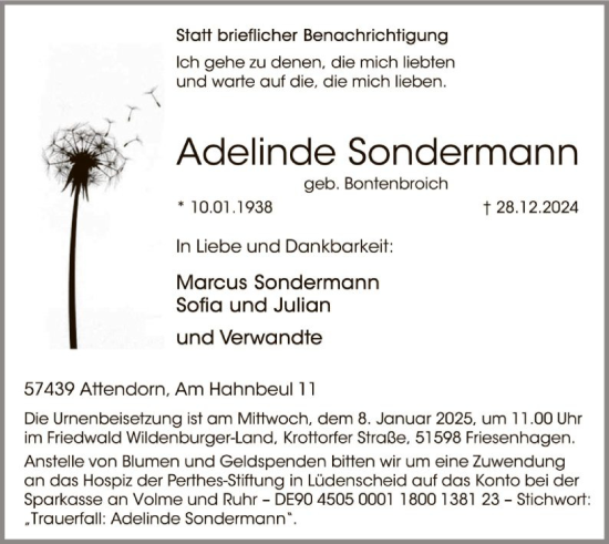 Todesanzeige von Adelinde Sondermann von WA