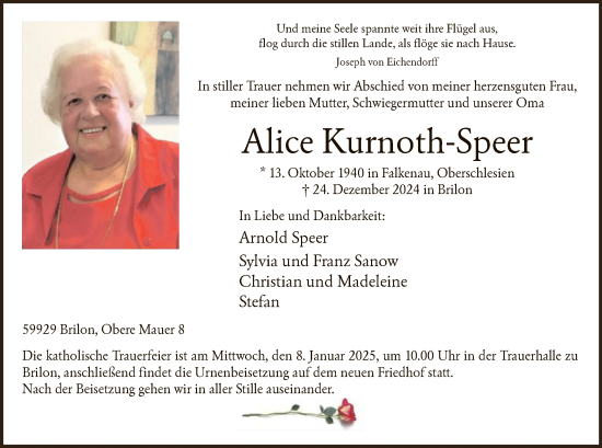 Todesanzeige von Alice Kurnoth-Speer von WA