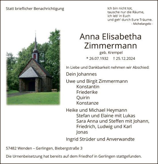 Todesanzeige von Anna Elisabetha Zimmermann von WA