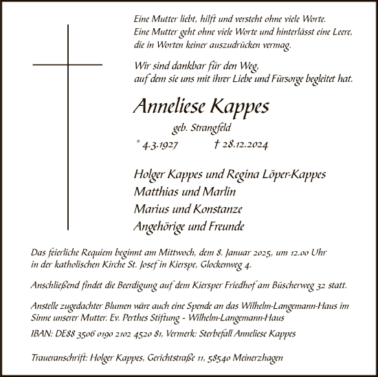 Todesanzeige von Anneliese Kappes von WA