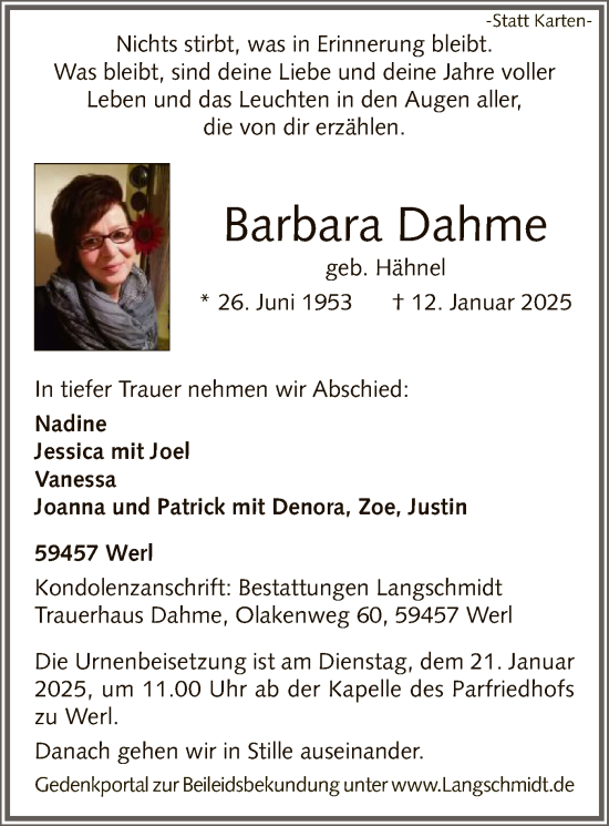 Todesanzeige von Barbara Dahme von WA