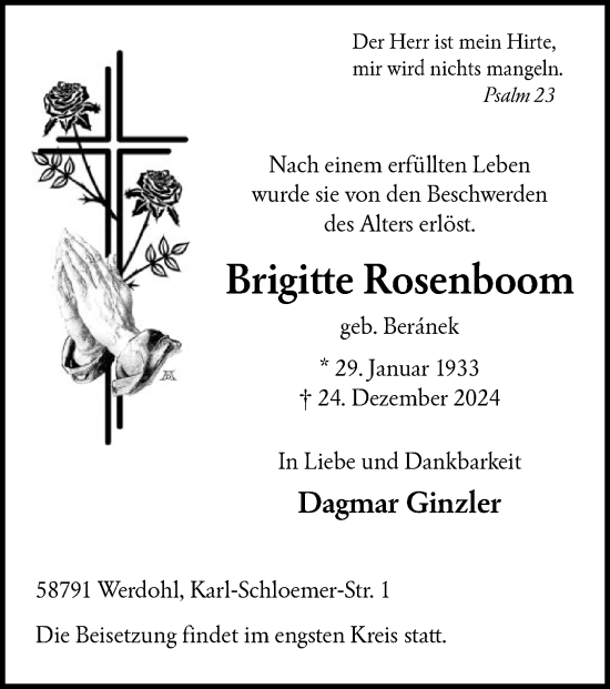 Todesanzeige von Brigitte Rosenboom von WA