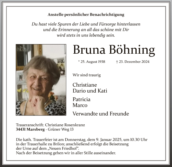 Todesanzeige von Bruna Böhning von WA