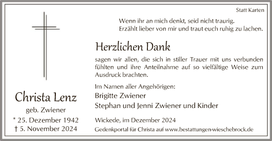 Todesanzeige von Christa Lenz von WA