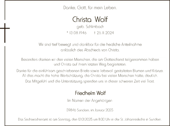 Todesanzeige von Christa Wolf von WA