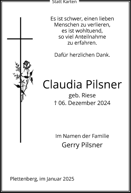 Todesanzeige von Claudia Pilsner von WA