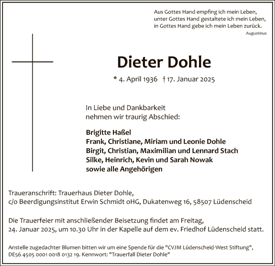Todesanzeige von Dieter Dohle von WA