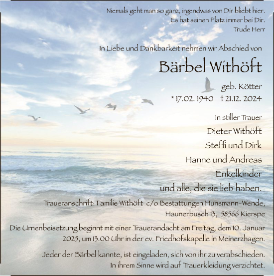 Todesanzeige von Dieter Withöft von WA