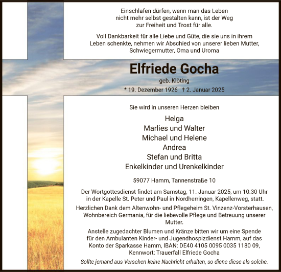 Todesanzeige von Elfriede Gocha von WA