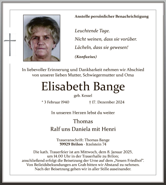 Todesanzeige von Elisabeth Bange von WA