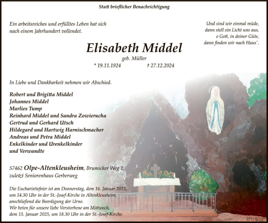Todesanzeige von Elisabeth Middel von WA