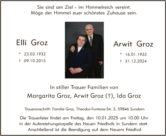 Todesanzeige von Elli und Arwit Groz von WA