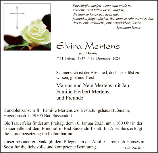 Todesanzeige von Elvira Mertens von WA